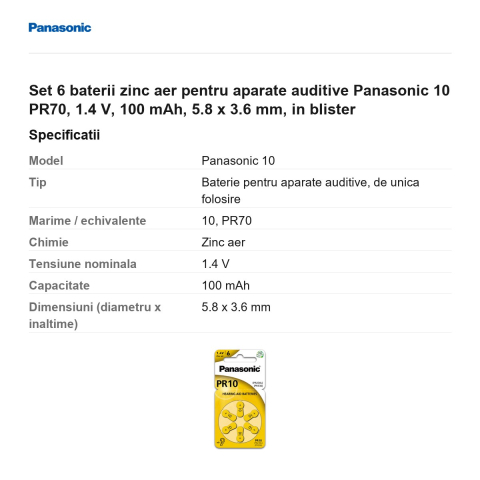Set 6 baterii zinc aer pentru aparate auditive Panasonic 10 PR70, 1.4 V, 100 mAh, 5.8 x 3.6 mm, in blister [2]