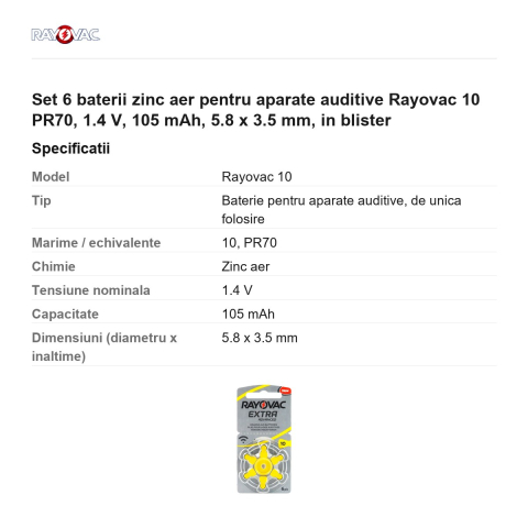 Set 6 baterii zinc aer pentru aparate auditive Rayovac 10 PR70, 1.4 V, 105 mAh, 5.8 x 3.5 mm, in blister [2]