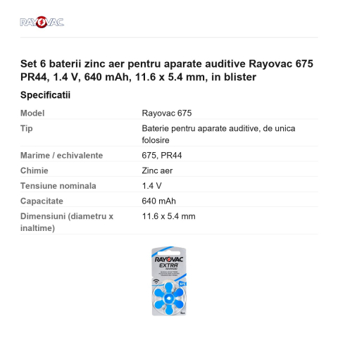 Set 6 baterii zinc aer pentru aparate auditive Rayovac 675 PR44, 1.4 V, 640 mAh, 11.6 x 5.4 mm, in blister [2]