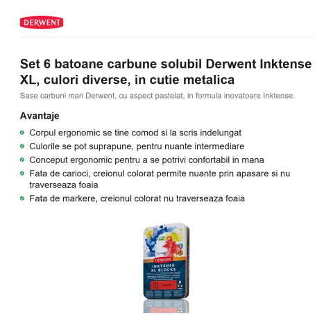 Set 6 batoane carbune solubil Derwent Inktense XL, culori diverse, in cutie metalica [1]