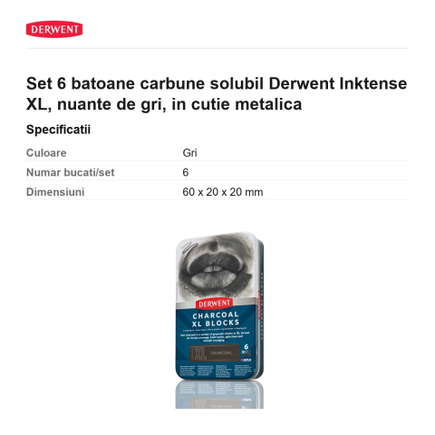 Set 6 batoane carbune solubil Derwent Inktense XL, nuante de gri, in cutie metalica [2]