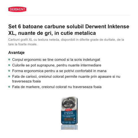 Set 6 batoane carbune solubil Derwent Inktense XL, nuante de gri, in cutie metalica [1]