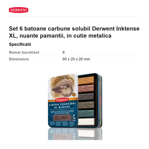 Set 6 batoane carbune solubil Derwent Inktense XL, nuante pamantii, in cutie metalica [2]