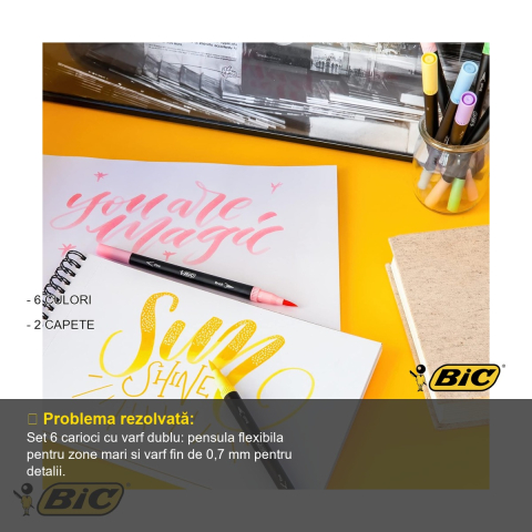 Set 6 carioci Bic Intensity Pastel, varf dublu pensula si fin, culori pastel pentru colorat si desen [1]