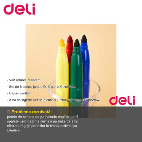 Set 6 carioci jumbo Deli ColorWow, cerneala lavabila, varf rotund, pentru copii [1]