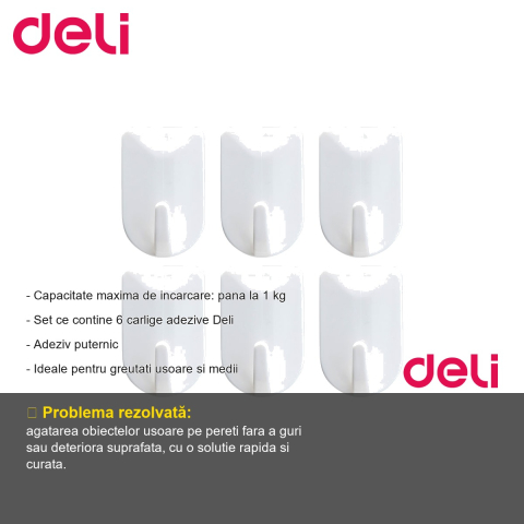 Set 6 carlige adezive Deli, capacitate 1 kg, albe, pentru organizare usoara la birou sau acasa [1]