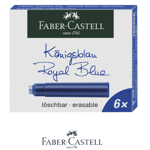 Birotica papetarie - Set 6 Cartuse Cerneala Albastra Royal pentru Stilou, Care Poate fi Stearsa, Faber-Castell, Pentru Reincarcare Rapida la Scoala si Birou