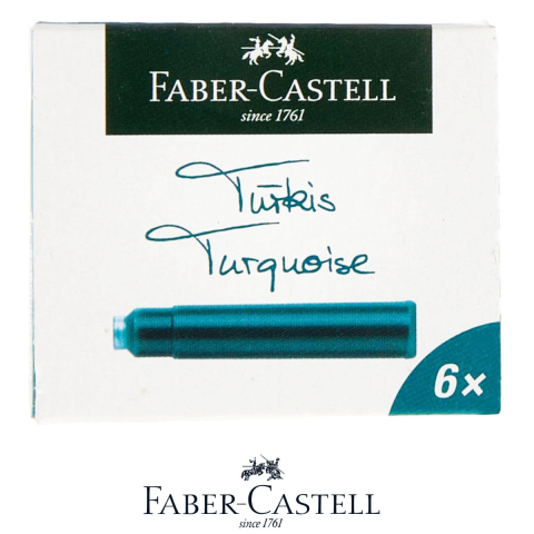 Birotica papetarie - Set 6 Cartuse Cerneala Turcoaz Vibrant pentru Stilou, Care Poate fi Stearsa, Faber-Castell, Pentru Creativitate si Evidentiere, Standard International