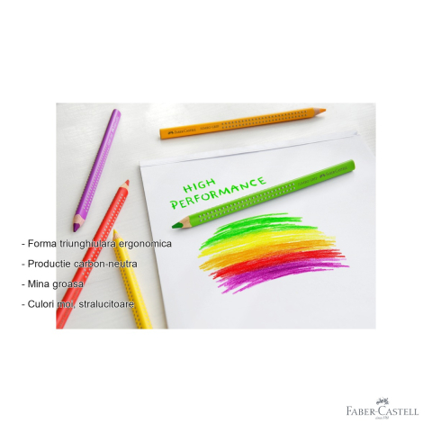 Set 6 creioane colorate Jumbo Grip Faber-Castell, forma triunghiulara ergonomica, solubile in apa, pentru copii mici [1]