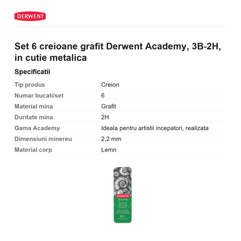 Set 6 creioane grafit Derwent Academy, 3B-2H, in cutie metalica [2]