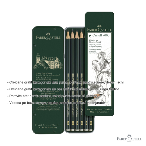 Set 6 creioane grafit Faber-Castell Castell 9000, duritate HB-8B, in cutie metalica, pentru desen si schite [1]