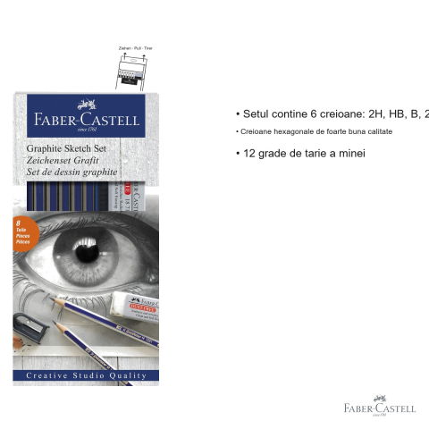 Set 6 creioane grafit Faber-Castell Gold Faber, diverse tarii (2H-6B), cu radiera si ascutitoare [2]