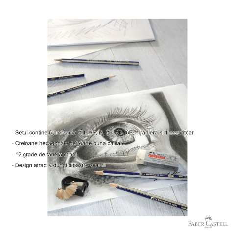 Set 6 creioane grafit Faber-Castell Gold Faber, diverse tarii (2H-6B), cu radiera si ascutitoare [1]