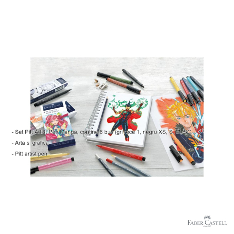 Set 6 linere Faber-Castell Pitt Artist Pen Manga, tus India negru, pentru desen si ilustratie manga [1]
