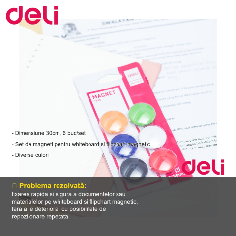 Set 6 magneti colorati pentru whiteboard Deli, diametru 30mm, fixare sigura pe tabla magnetica [1]