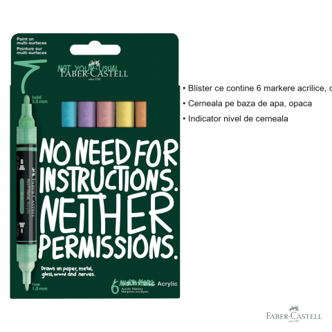 Set 6 markere acrilice Faber-Castell Multimark, culori pastel, varf dublu, pentru suprafete multiple [2]