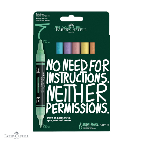 Markere si instrumente de desen artistic - Set 6 markere acrilice Faber-Castell Multimark, culori pastel, varf dublu, pentru suprafete multiple