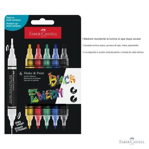 Set 6 markere acrilice Faber-Castell Shake&Paint, varf dublu, culori clasice, pentru suprafete multiple [2]