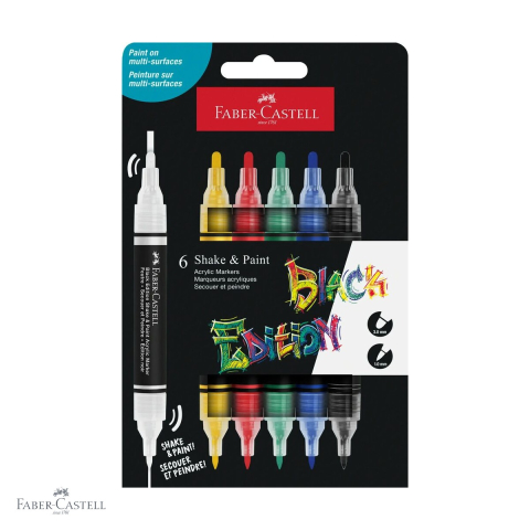 Markere si instrumente de desen artistic - Set 6 markere acrilice Faber-Castell Shake&Paint, varf dublu, culori clasice, pentru suprafete multiple
