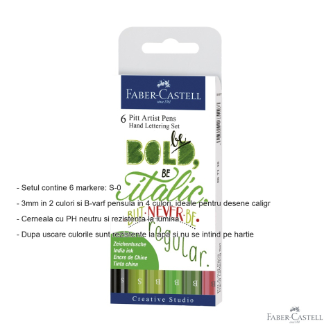 Set 6 markere caligrafica Faber-Castell Pitt Artist Pen, varf S si pensula, tonuri de verde [1]