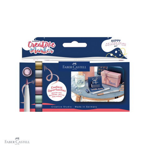 Birotica papetarie - Set 6 markere creative Faber-Castell Goldfaber, culori metalizate, varf pensula, Happy Celebration