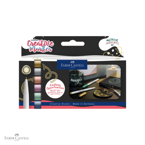 Birotica papetarie - Set 6 markere creative Faber-Castell Goldfaber, culori metalizate, varf rotund 1.5mm, pentru suprafete multiple