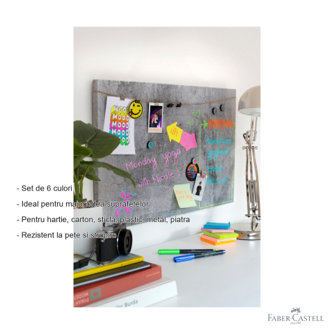 Set 6 markere creative neon Faber-Castell, varf 1.5 mm, pentru hartie, sticla, plastic si metal [1]