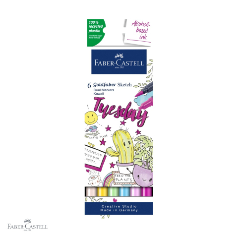 Markere si instrumente de desen artistic - Set 6 markere cu 2 capete Faber-Castell Goldfaber Kawaii, cerneala alcool, pensula si fineliner, pentru desen artistic