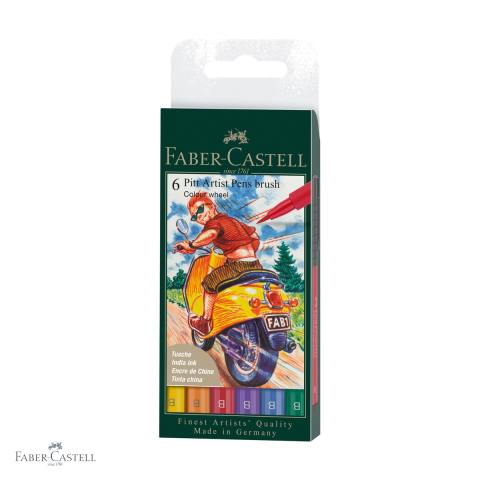 Markere si instrumente de desen artistic - Set 6 markere cu pensula Faber-Castell Pitt Artist Pen, cerneala permanenta rezistenta la apa, culori de baza pentru desen si ilustratie