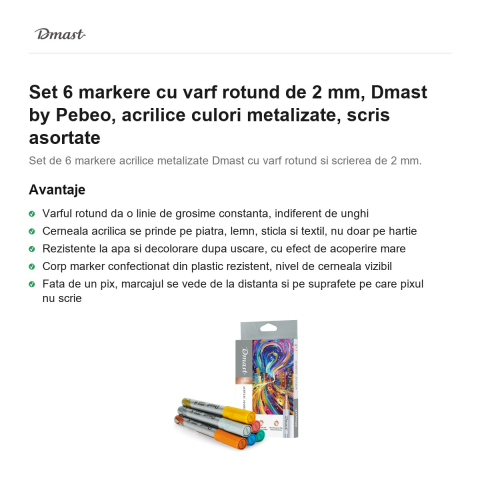 Set 6 markere cu varf rotund de 2 mm, Dmast by Pebeo, acrilice culori metalizate, scris asortate [1]