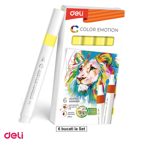 Handmade Creativ si Hobby - Set 6 markere cu varf rotund, Deli, acrilic canar color emotion, scris galben