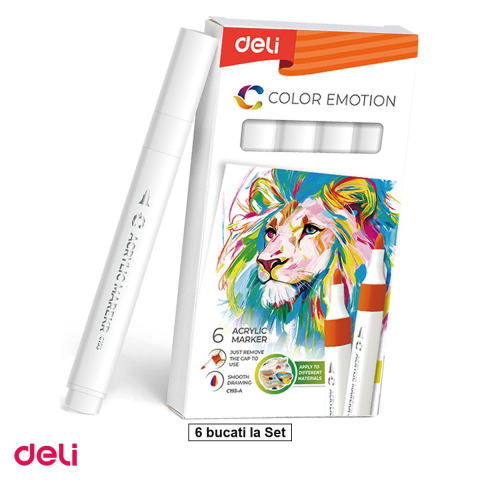Handmade Creativ si Hobby - Set 6 markere cu varf rotund, Deli, acrilic color emotion, scris alb