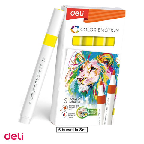 Handmade Creativ si Hobby - Set 6 markere cu varf rotund, Deli, acrilic color emotion, scris galben