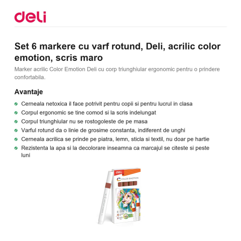 Set 6 markere cu varf rotund, Deli, acrilic color emotion, scris maro [1]