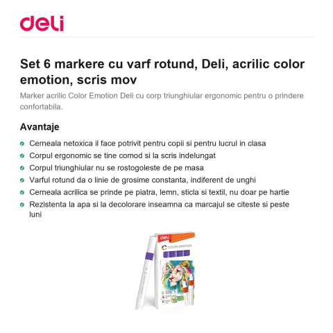 Set 6 markere cu varf rotund, Deli, acrilic color emotion, scris mov [1]