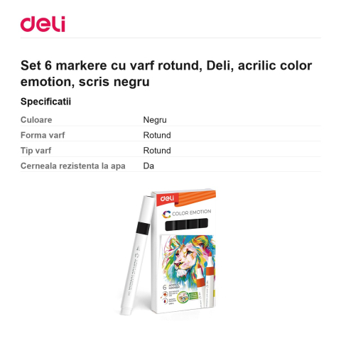 Set 6 markere cu varf rotund, Deli, acrilic color emotion, scris negru [2]