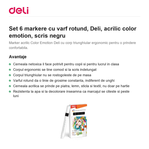Set 6 markere cu varf rotund, Deli, acrilic color emotion, scris negru [1]