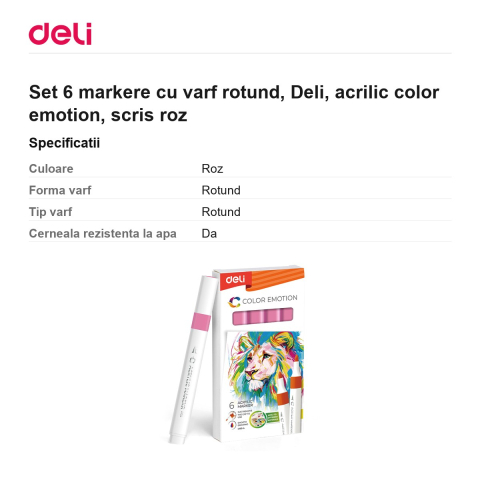 Set 6 markere cu varf rotund, Deli, acrilic color emotion, scris roz [2]