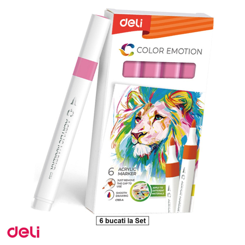 Handmade Creativ si Hobby - Set 6 markere cu varf rotund, Deli, acrilic color emotion, scris roz