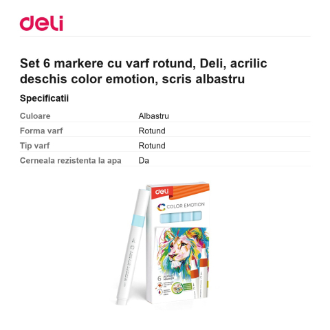 Set 6 markere cu varf rotund, Deli, acrilic deschis color emotion, scris albastru [2]