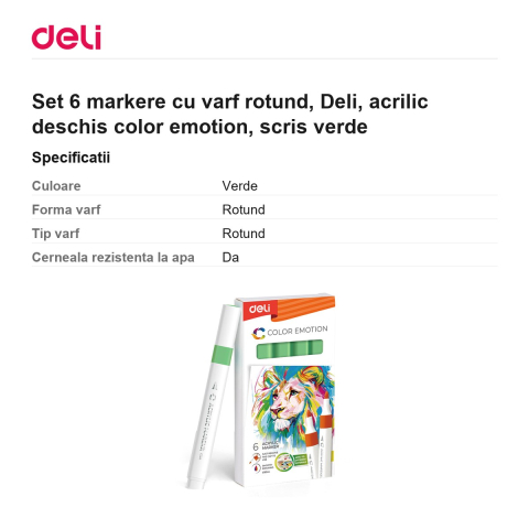 Set 6 markere cu varf rotund, Deli, acrilic deschis color emotion, scris verde [2]