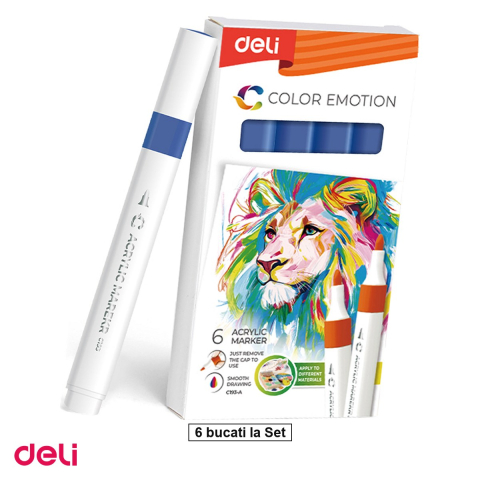 Handmade Creativ si Hobby - Set 6 markere cu varf rotund, Deli, acrilic inchis color emotion, scris albastru