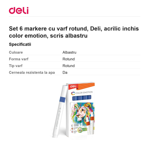 Set 6 markere cu varf rotund, Deli, acrilic inchis color emotion, scris albastru [2]