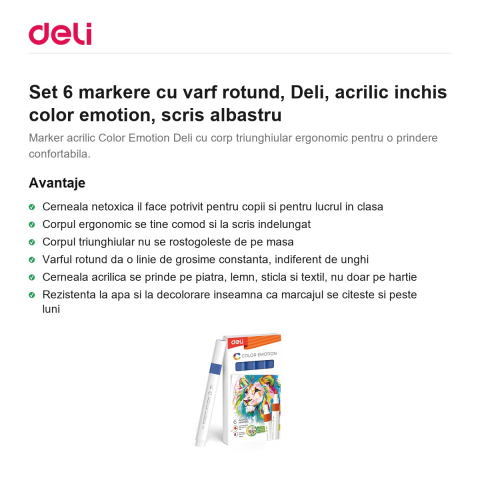 Set 6 markere cu varf rotund, Deli, acrilic inchis color emotion, scris albastru [1]