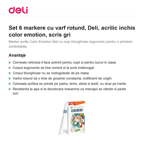 Set 6 markere cu varf rotund, Deli, acrilic inchis color emotion, scris gri [1]