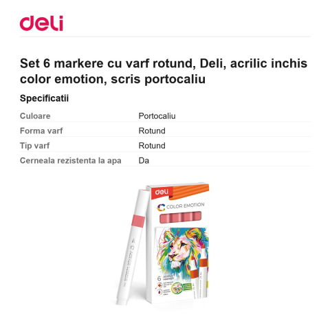 Set 6 markere cu varf rotund, Deli, acrilic inchis color emotion, scris portocaliu [2]