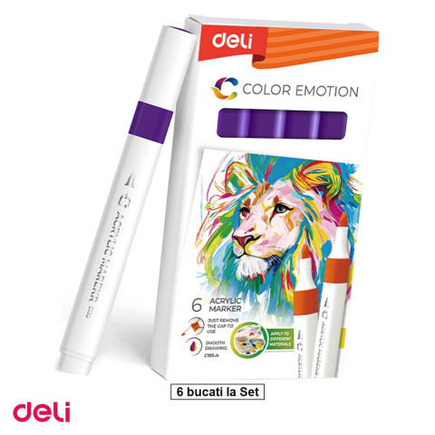 Handmade Creativ si Hobby - Set 6 markere cu varf rotund, Deli, acrilic inchis color emotion, scris violet