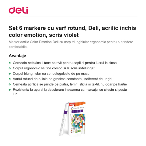Set 6 markere cu varf rotund, Deli, acrilic inchis color emotion, scris violet [1]