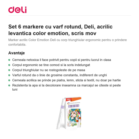 Set 6 markere cu varf rotund, Deli, acrilic levantica color emotion, scris mov [1]
