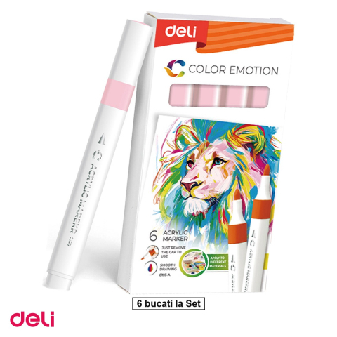 Handmade Creativ si Hobby - Set 6 markere cu varf rotund, Deli, acrilic pal color emotion, scris roz
